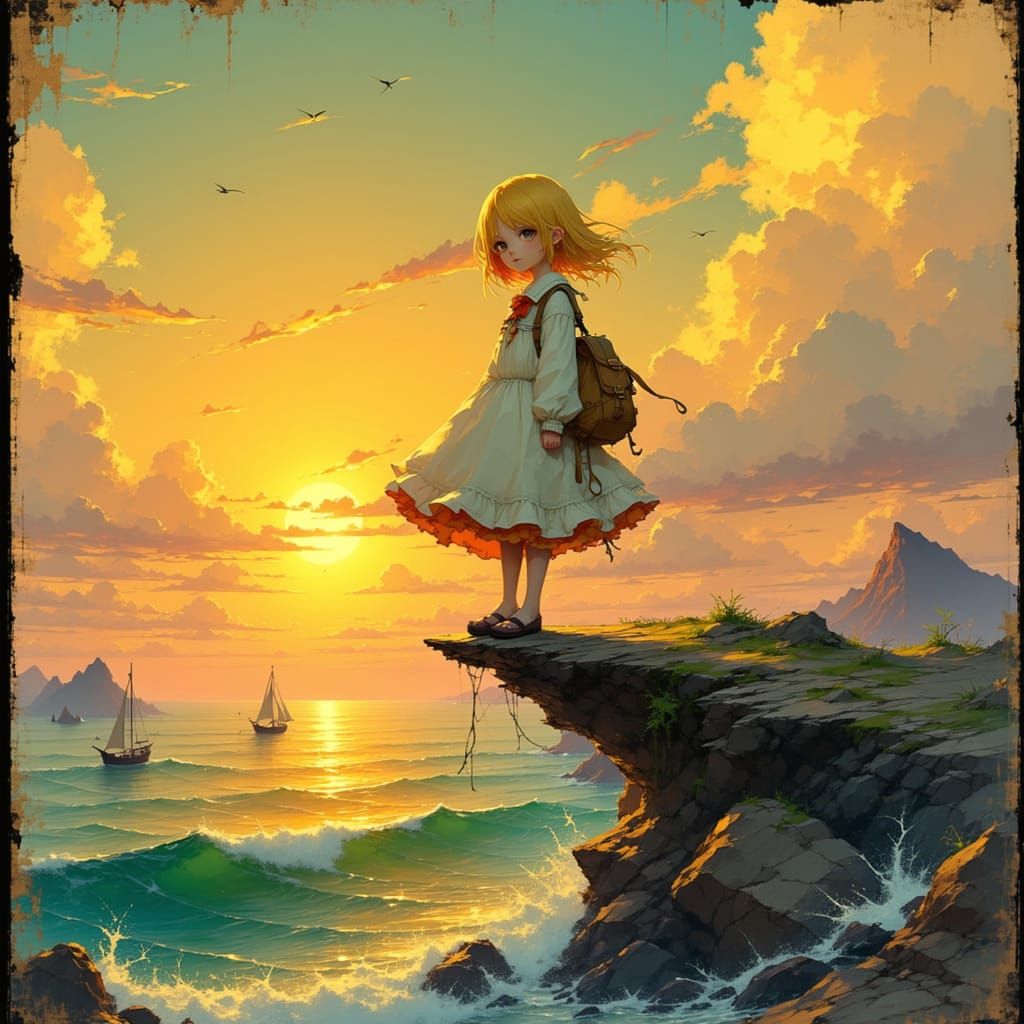 Anime Girl on Dock at Sunset in Cel-Shaded Style