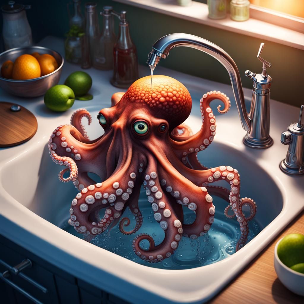 Hyperrealistic Octopus Washing Dishes in Kitchen Sink
