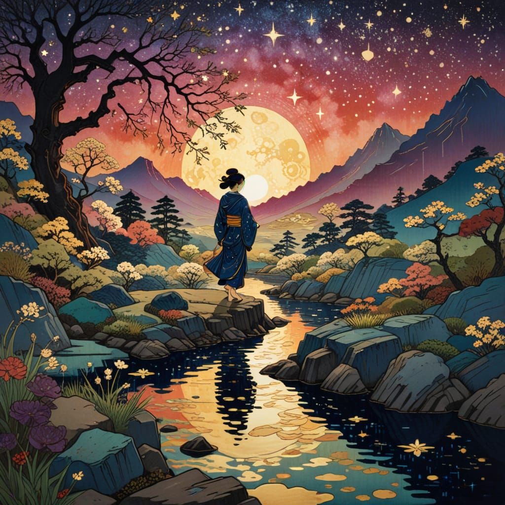 Ukiyo-e Dreamscape with Gold Outlines