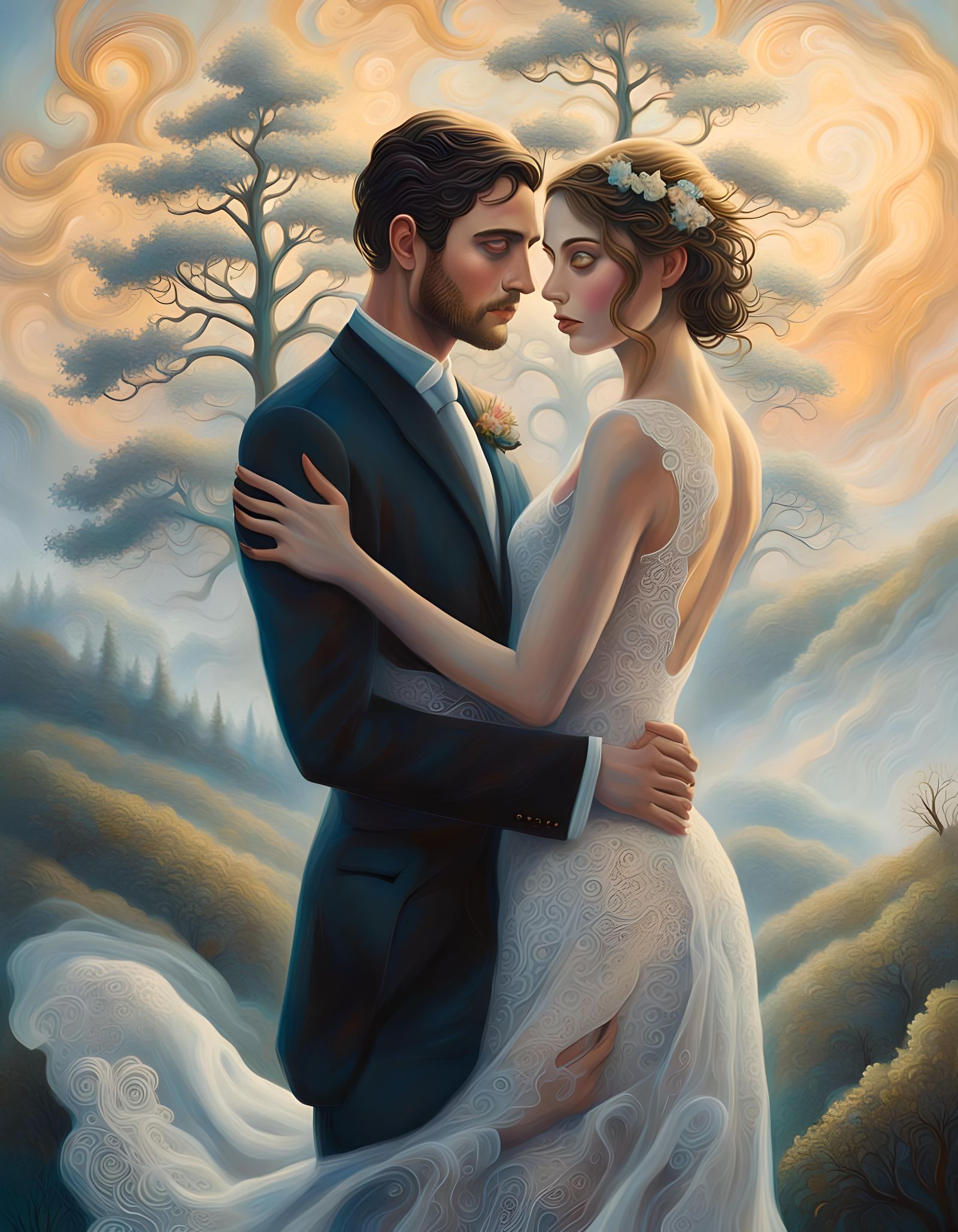 Ethereal Embrace: Romantic Surreal Oil Painting