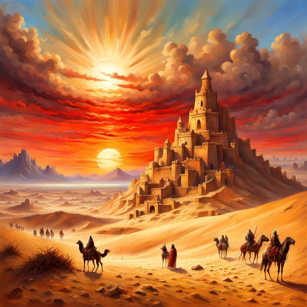 Majestic Sandcastle in Desert Landscape Painting