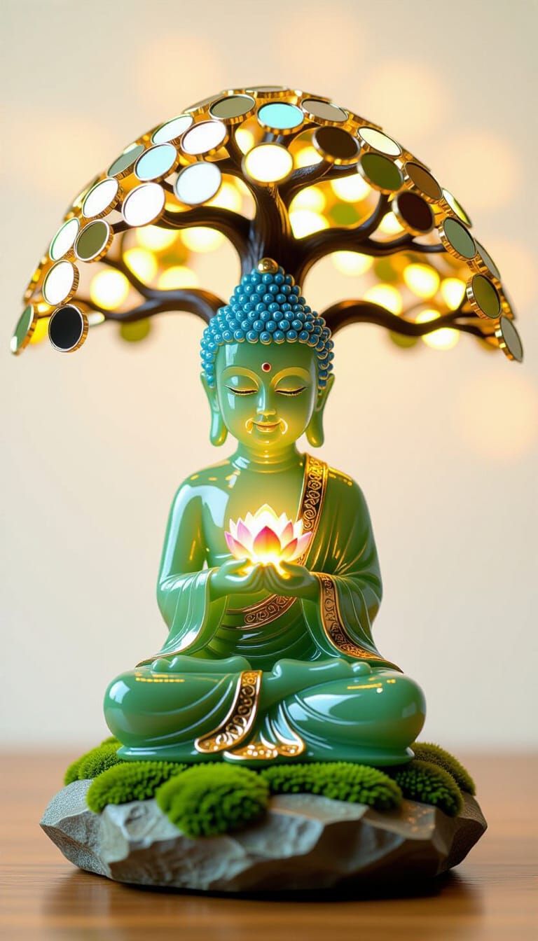 Enlightened Figurine Beneath Mirror-Leaf Bodhi Tree