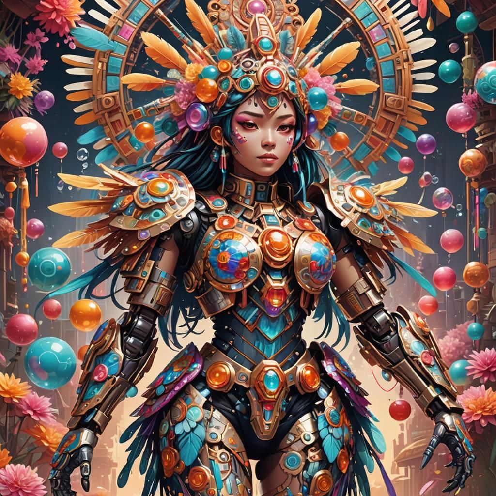 Candy-Colored Mecha Girl in Aztec Robotic Exoskeleton