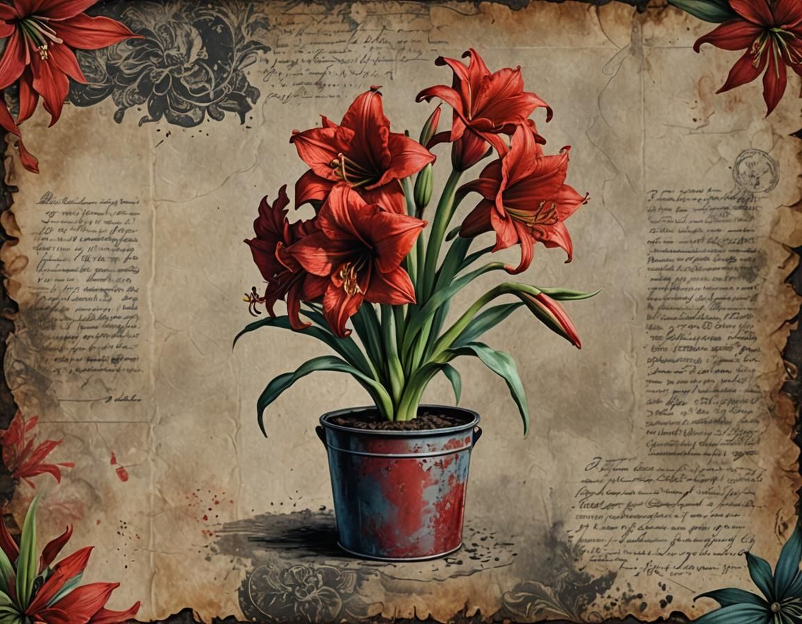 Amaryllis in Tin Pot on Letter Background