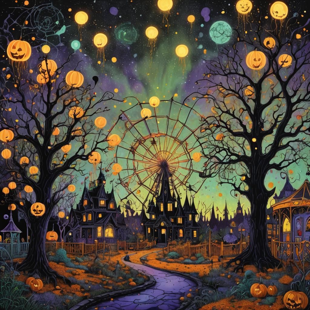 Whimsical Halloween Amusement Park in Pointillism Style