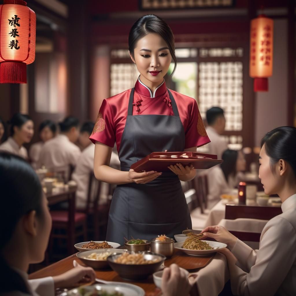 Chinese Waitress Taking Orders in Restaurant Photo