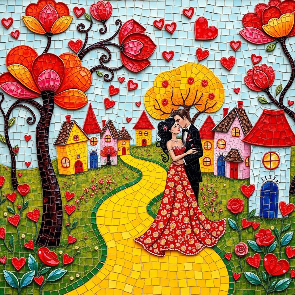 Love in Whimsical Village Mosaic Artwork
