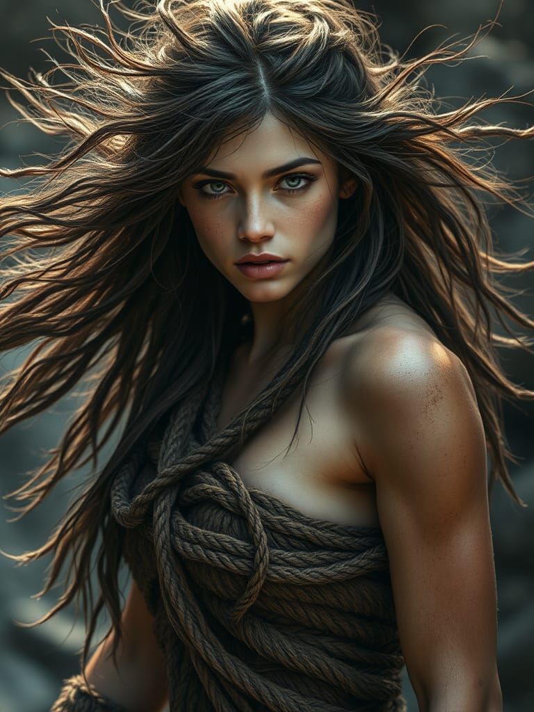 Beautiful Cave Woman in Animal Skins, Photorealistic Art