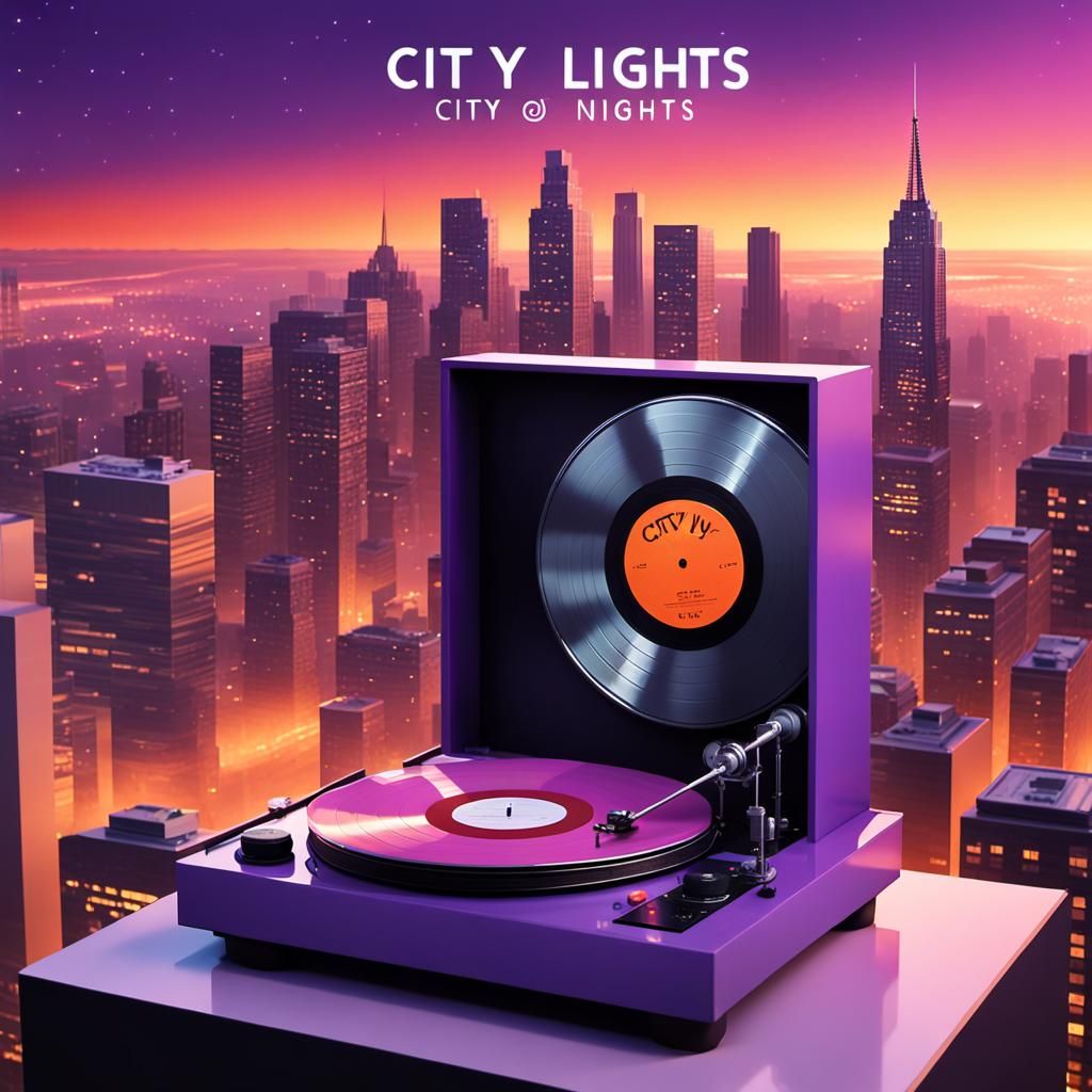 Cityscape Sunset with Record Player, Fantastical Matte Paint...