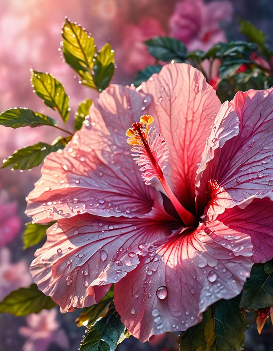 Pink Hibiscus Flower with Dew, Watercolor Painting