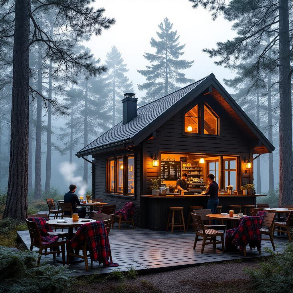 Cozy Cabin Cafe in Foggy Woods, Digital Concept Art