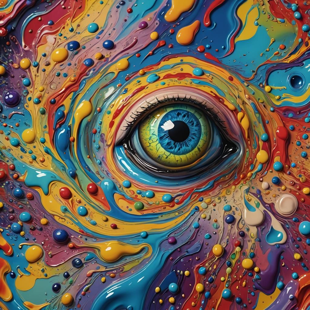 Surreal Floating Eyeball in Rainbow Pool