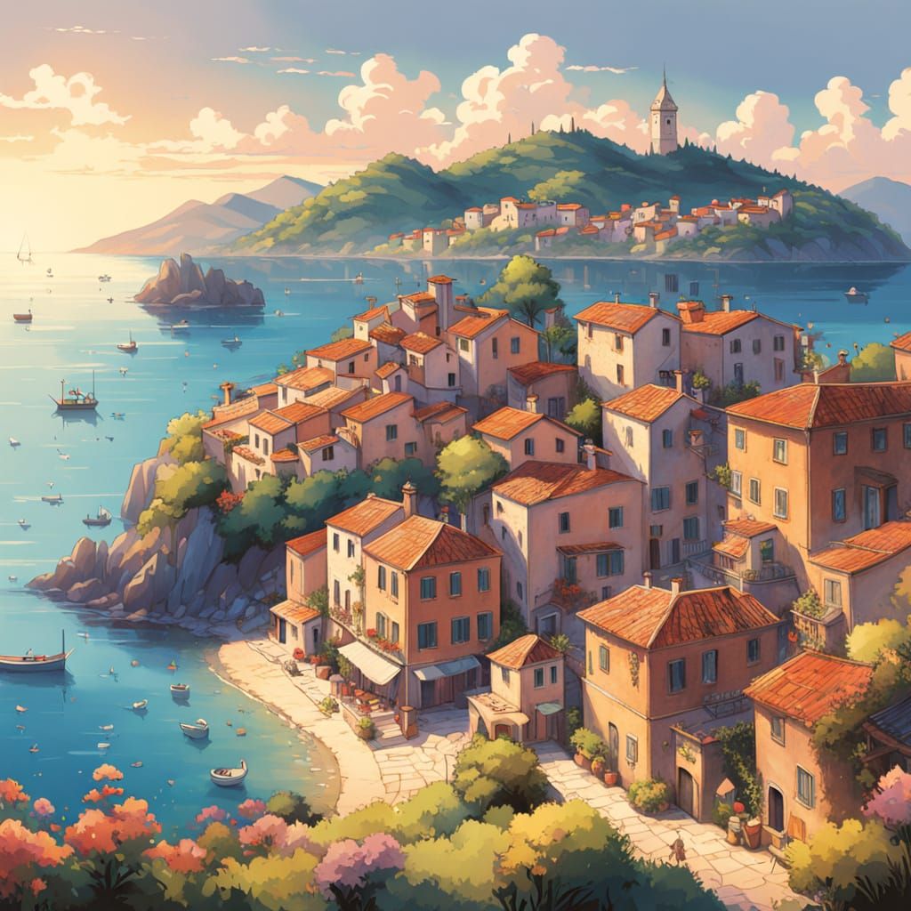 Whimsical Italian Fishing Village at Sunrise