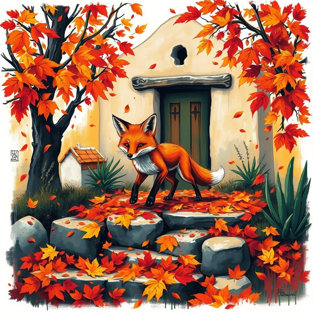Mischievous Red Fox in Fall Pueblo Landscape