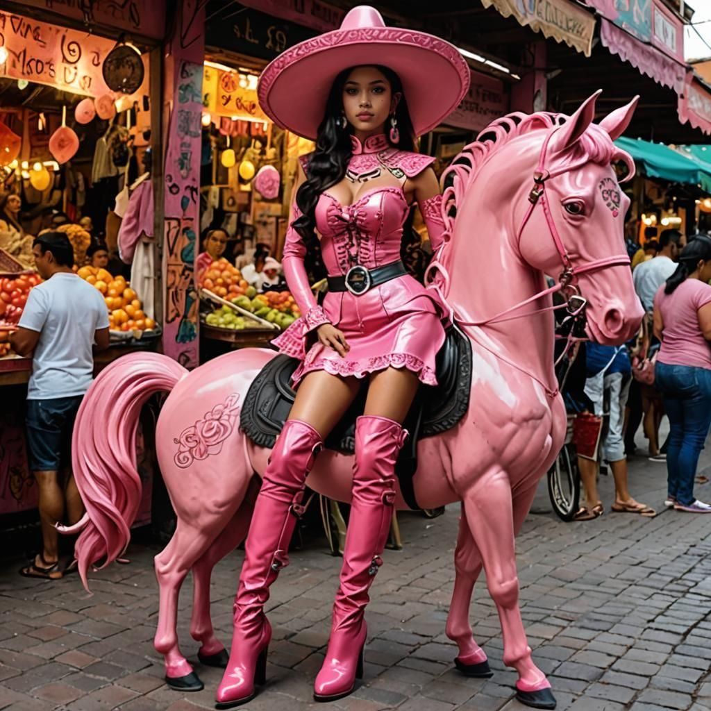 Mexican Woman in Pink Latex Outfit on Horse
