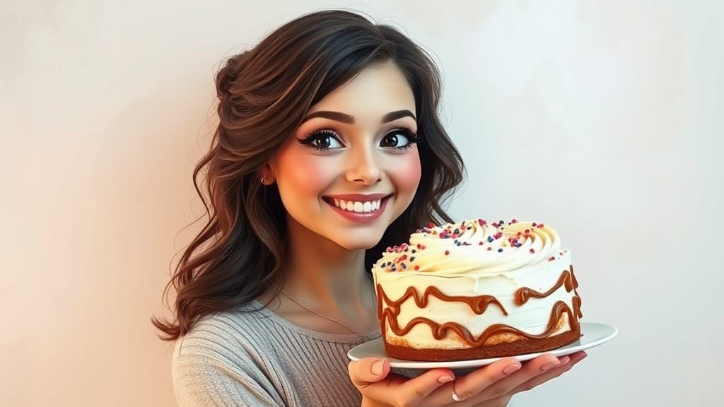 Whimsical Woman Admires Vintage-Inspired Cake in Pastel Para...