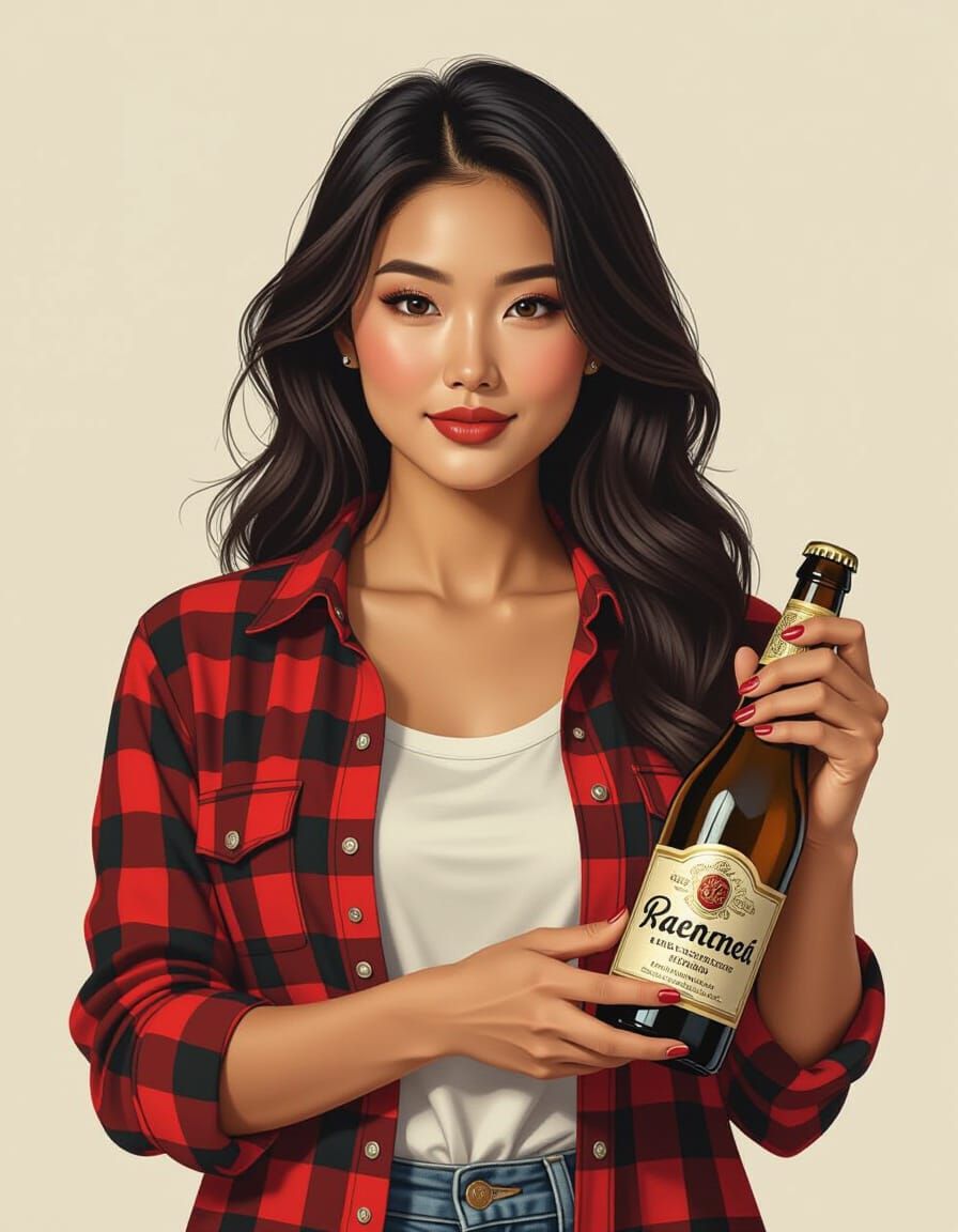 Asian Woman Opening Beer in Michelangelo Renaissance Style