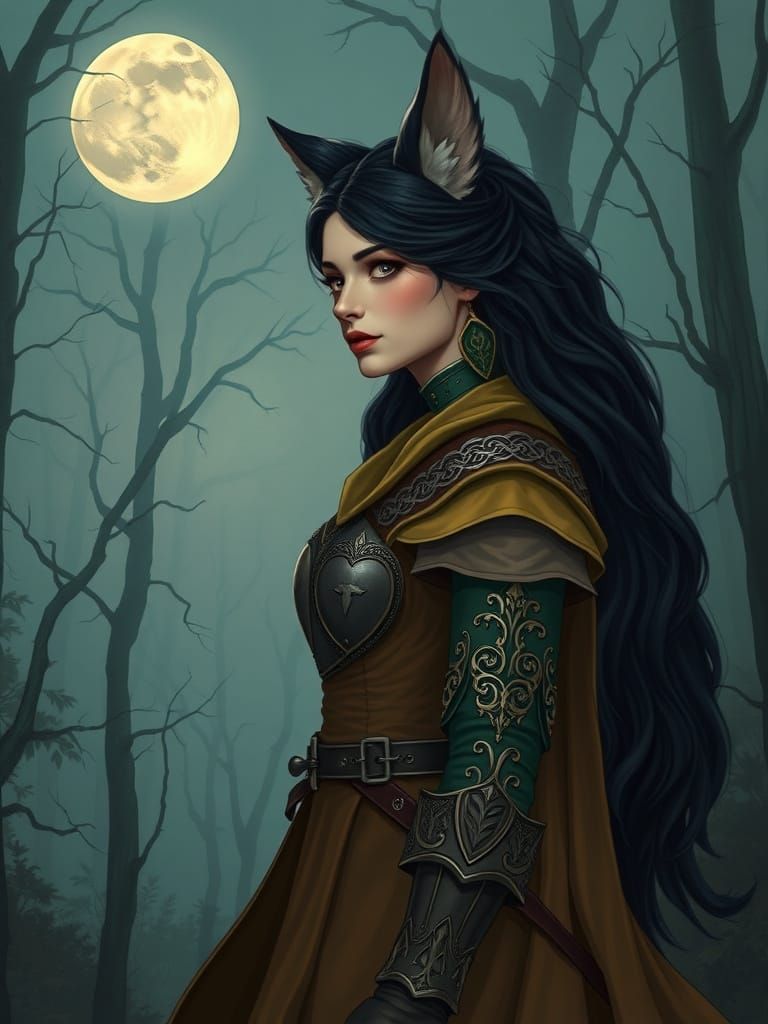 Mystical Woman Emerges from Moonlit Woods with Wolf Ears