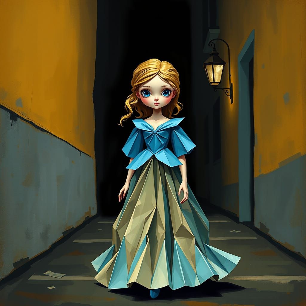 Origami Princess in Atmospheric Cityscape