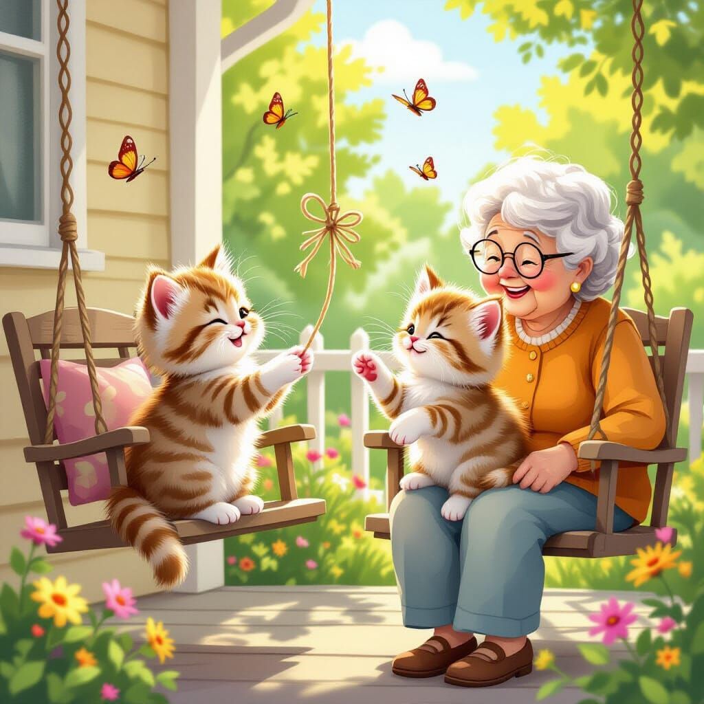 Elderly Woman Plays With Kittens on Porch Swing