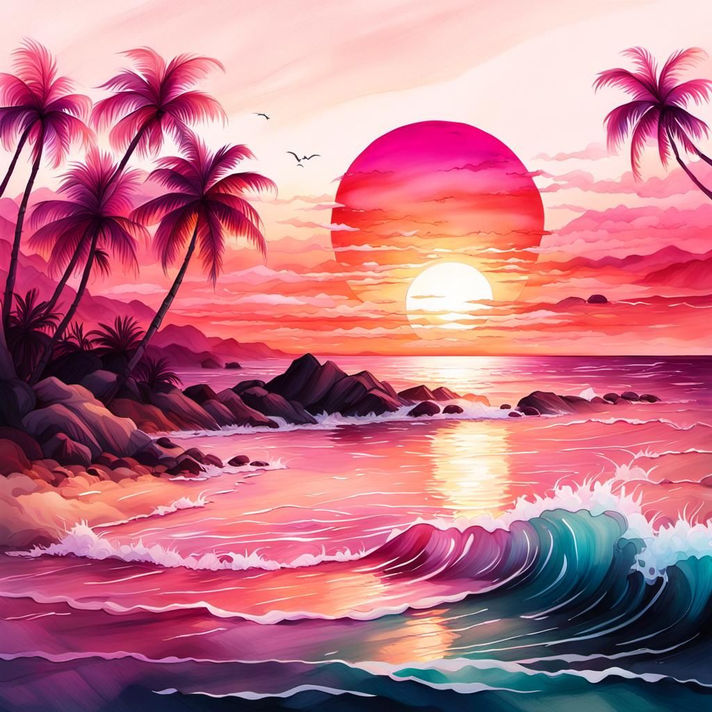 Pink Sunset Over Ocean in Watercolor Blend Style