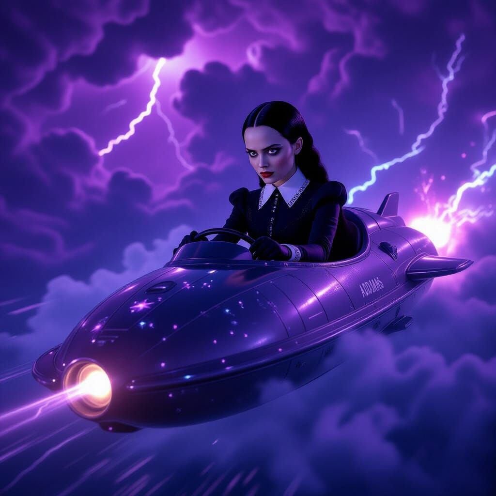 Wednesday Addams Piloting Hovercraft Through Cosmic Storm