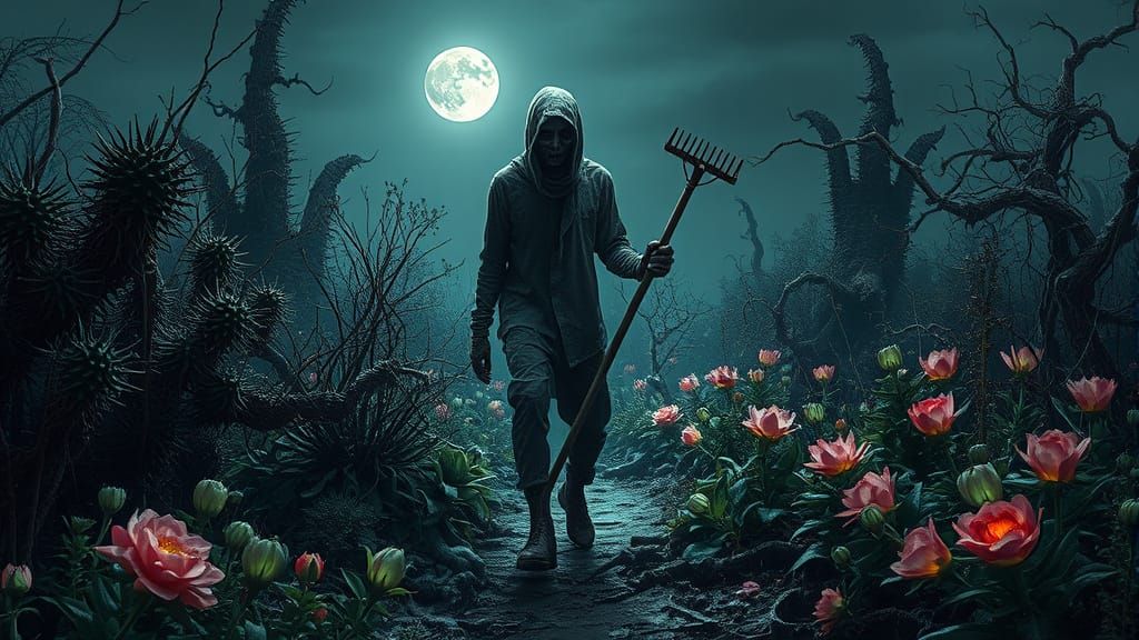 Eerie Headless Gardener in Radioactive Garden