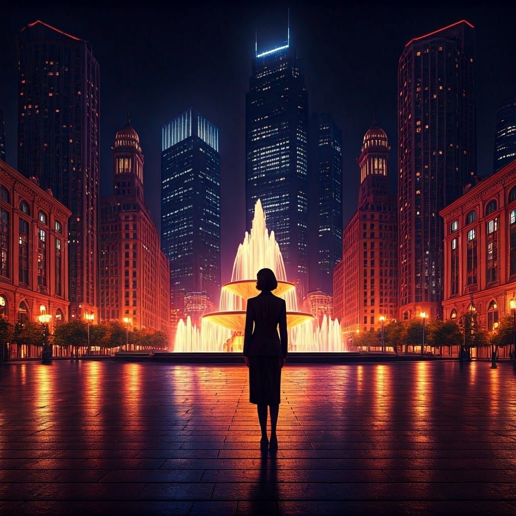 Glamorous Woman Surrounded by Futuristic Skyscrapers in Neon...