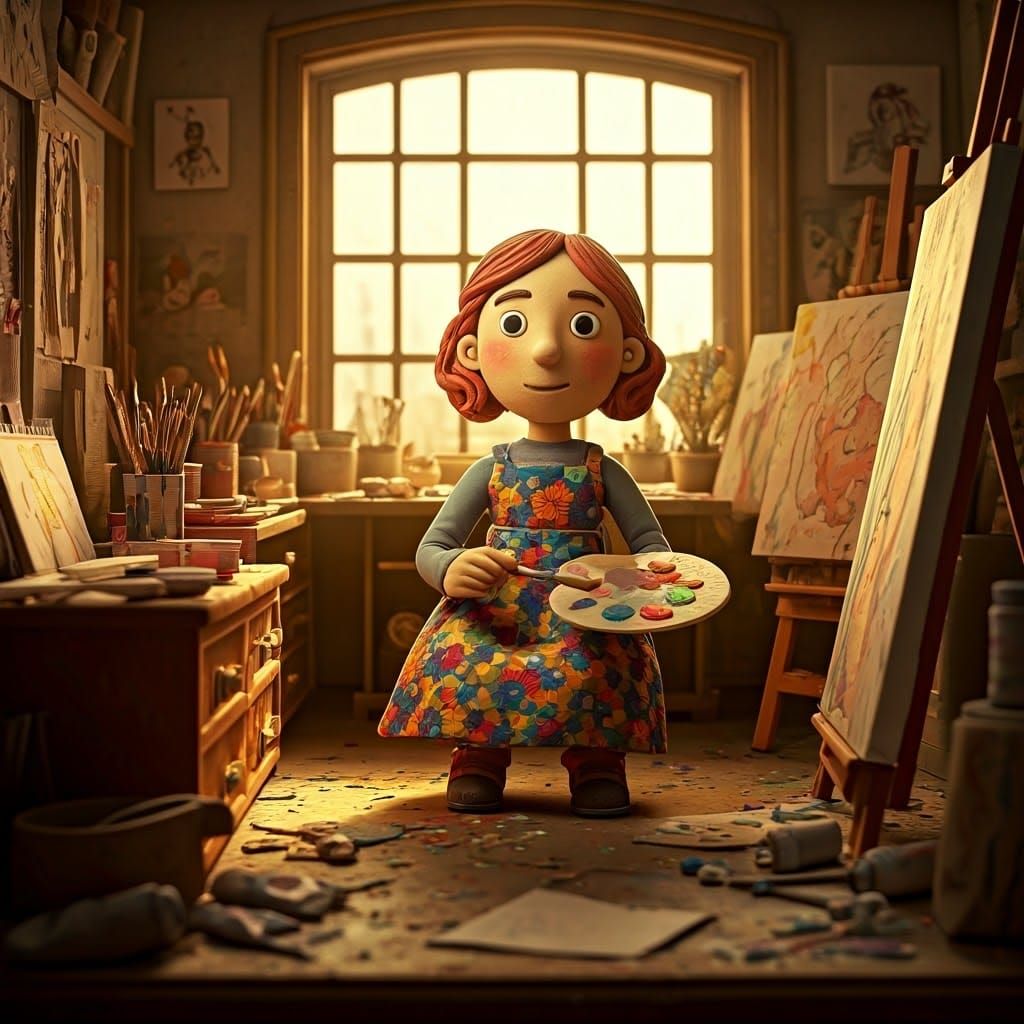 Aardman style claymation figure of an artist in her studio