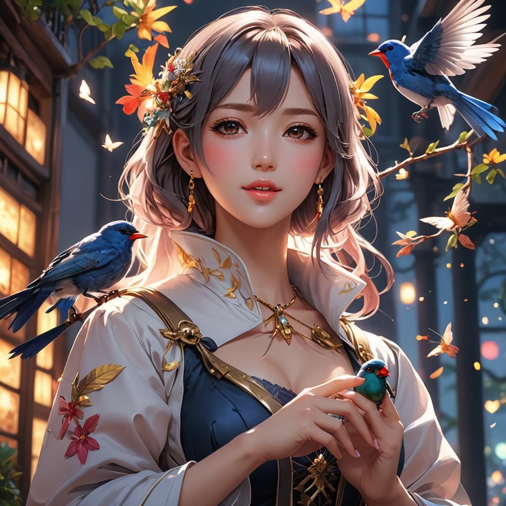 Anime Woman Sings with Songbird: Detailed 3D Art