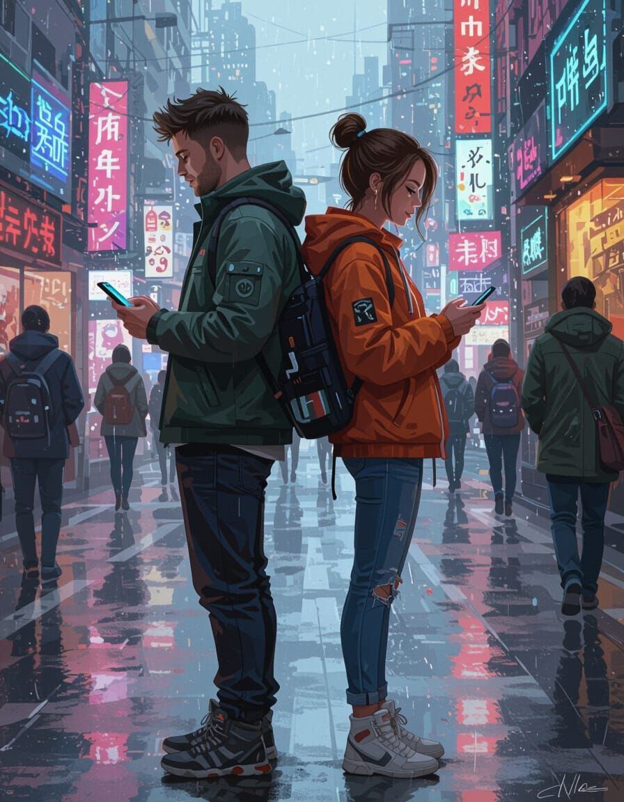 Urban Communication: Streetwear Couple with Smartphones