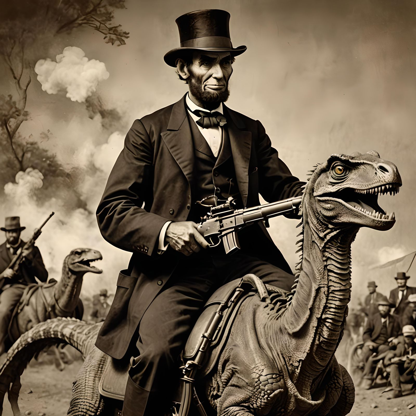 Abraham Lincoln Rides Velociraptor with Machine Gun
