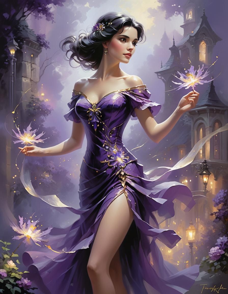 Ethereal Dark-Haired Woman in Purple Abstract Art