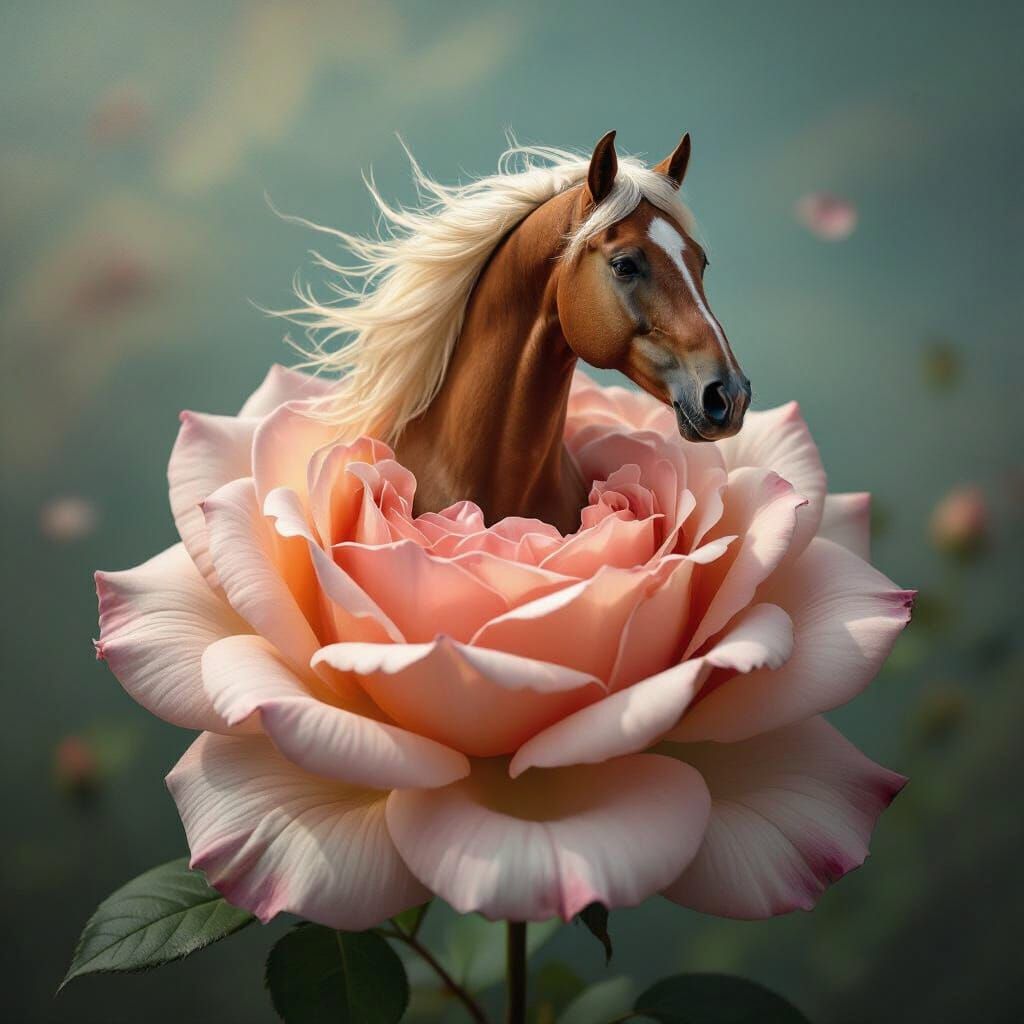 Majestic Horse Emerges From Blooming Rose, Surreal Compositi...
