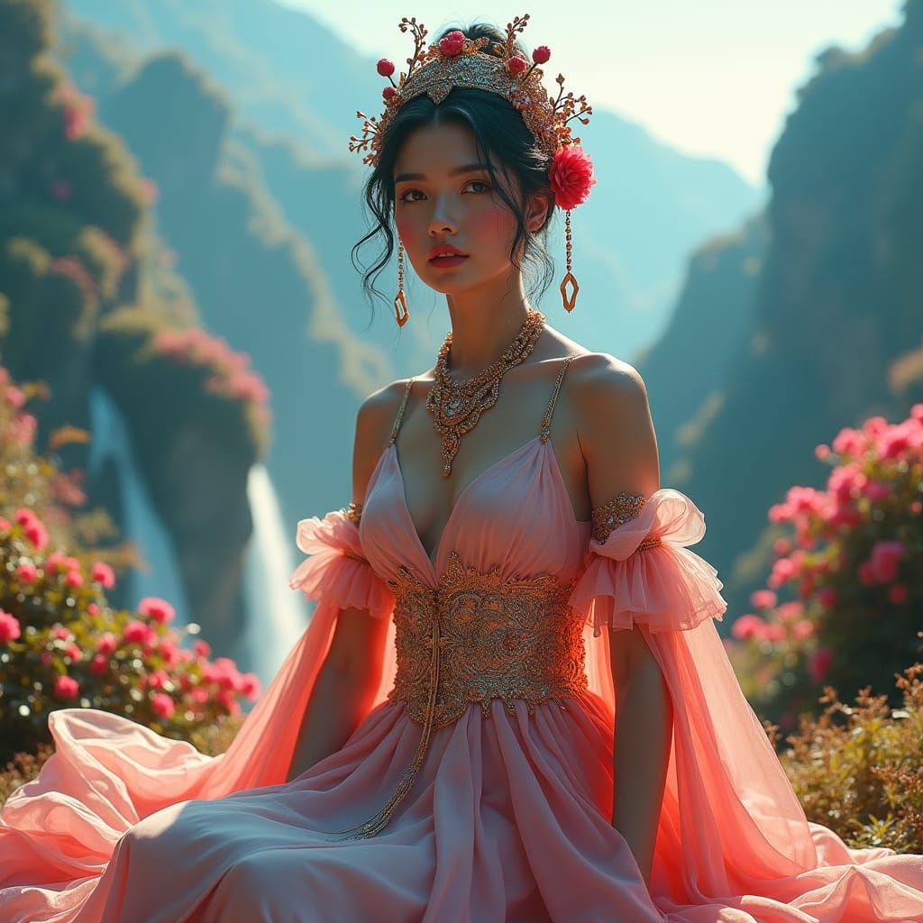 Ethereal Woman in Dreamlike Landscape, 8k Matte Painting