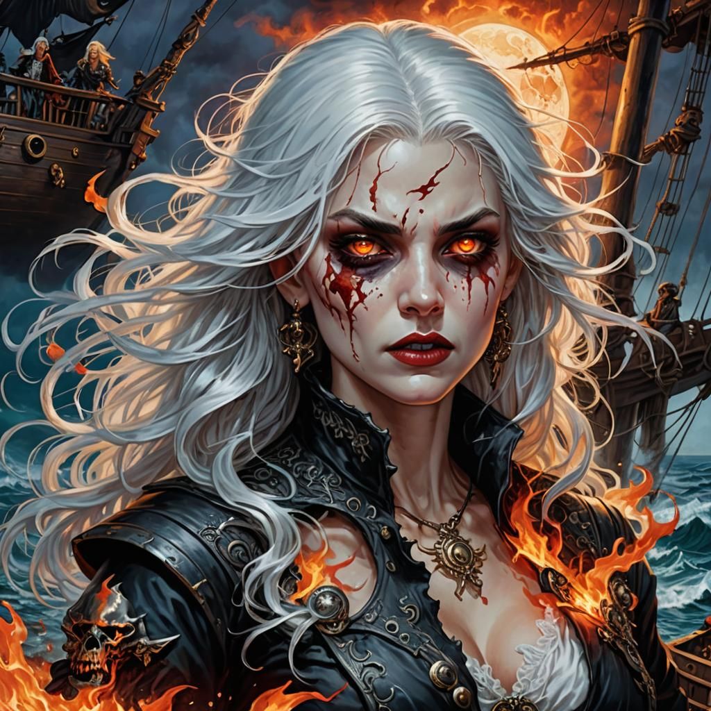 Vampire Child on Pirate Ship in Comic Book Style