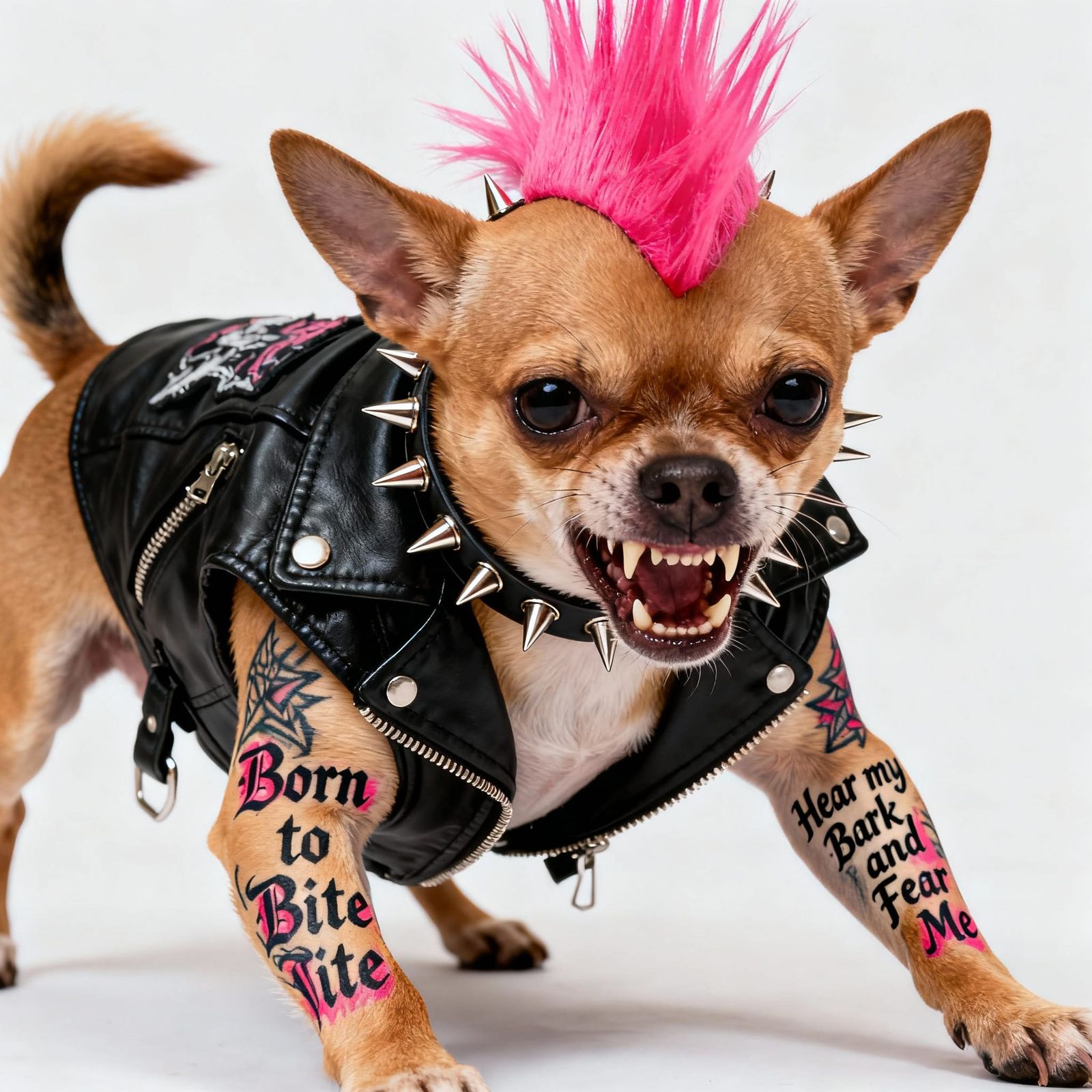 Angry Chihuahua in Punk Gear Bares Fangs