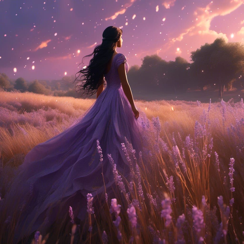 Woman in Lavender Dress in Grassy Field