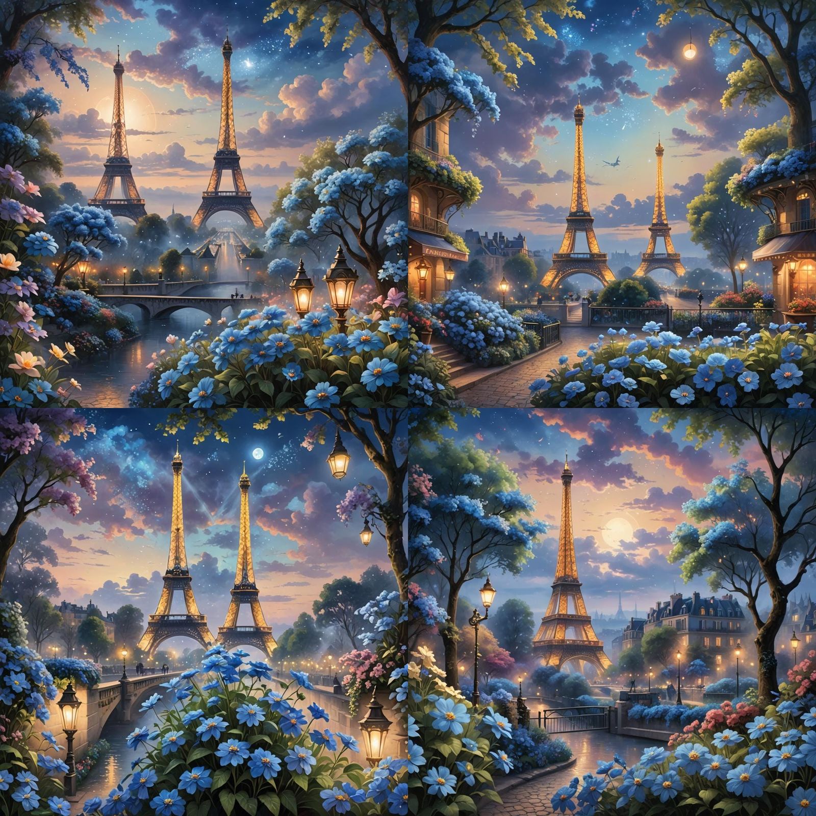 Paris Summer Night Scene with Blue Flowers