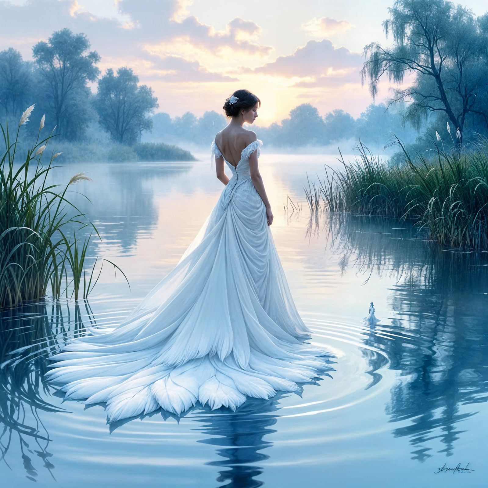 Regal Swan Woman at Misty Dawn Lake