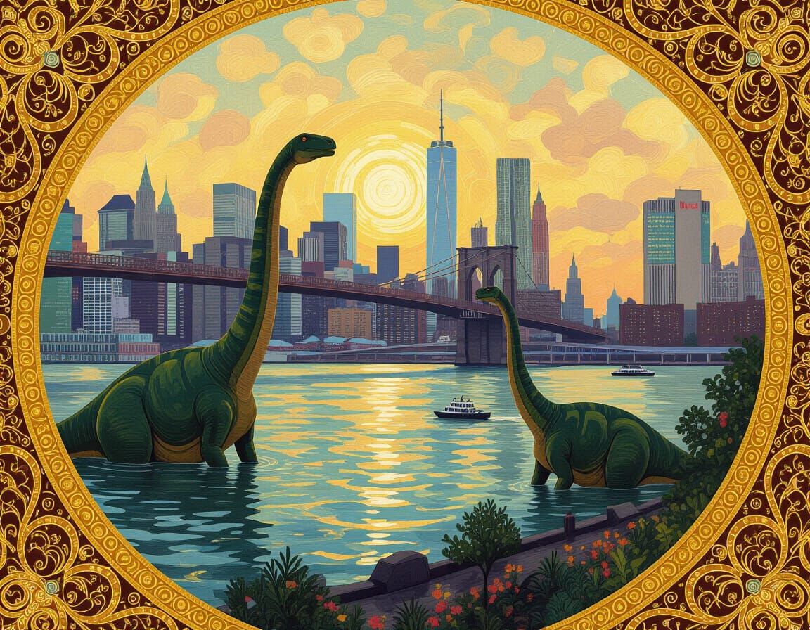 Brontosaurs in Jurassic New York: Art Nouveau Impression