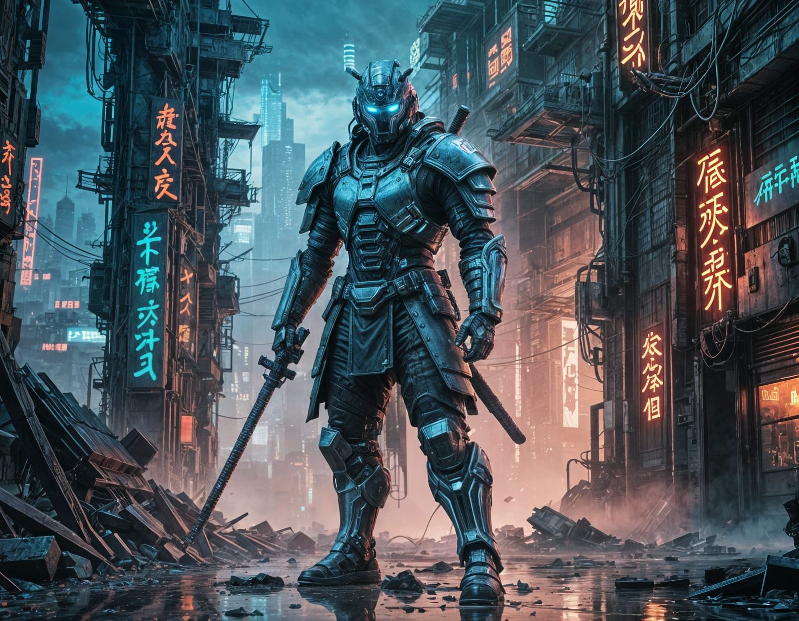 Cyber-Samurai in Dystopian Urban Ruins