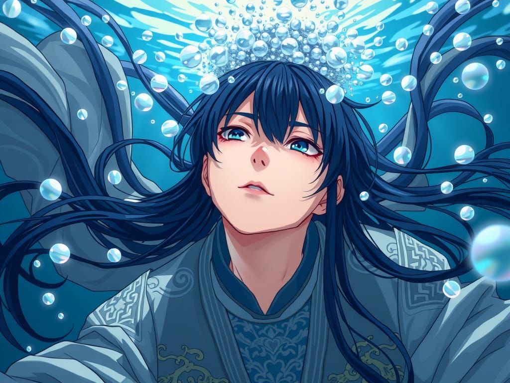 Underwater Anime Man in Traditional Chinese Clothing