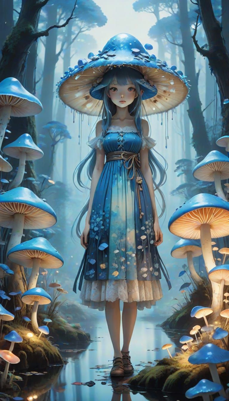 Ethereal Anime Girl Lost in Glowing Mushroom Forest