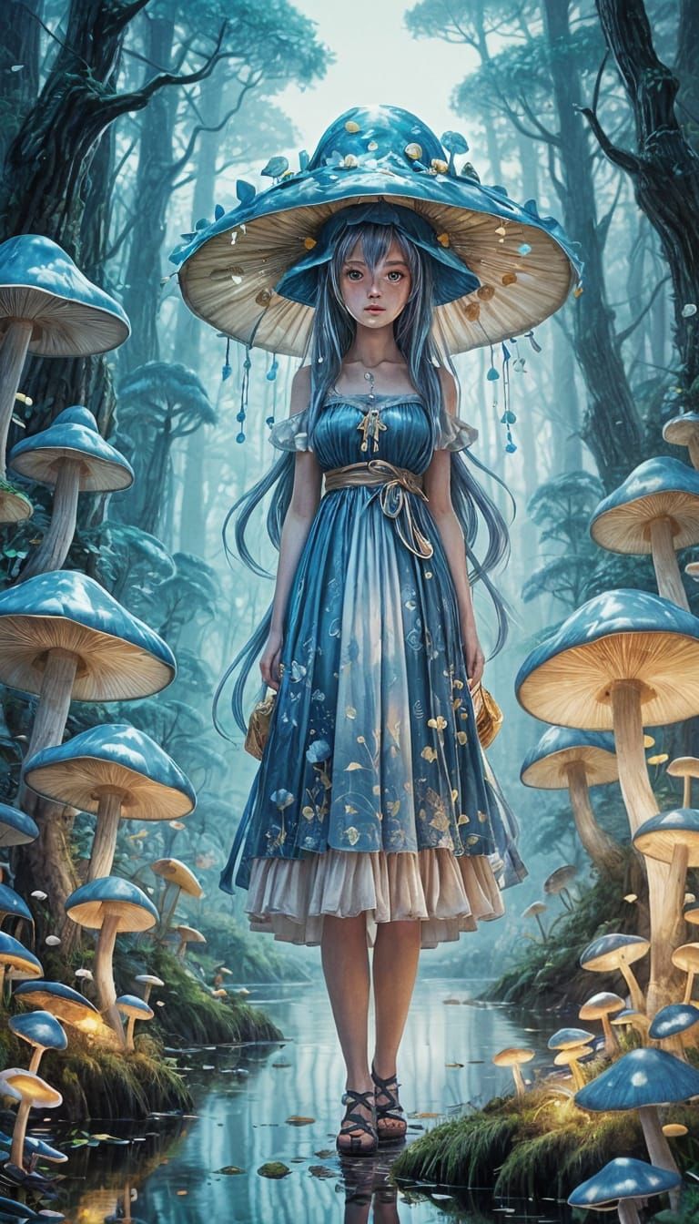 Enchanted Anime Goddess of the Luminous Mushroom Forest