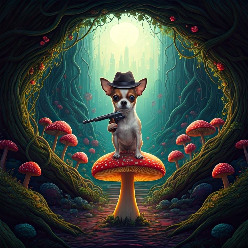 Vibrant Psychedelic Wilderness Scene with Shorthair Chihuahu...