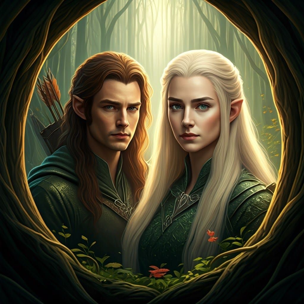 Elven Couple in Detailed Forest, Surreal Illustration