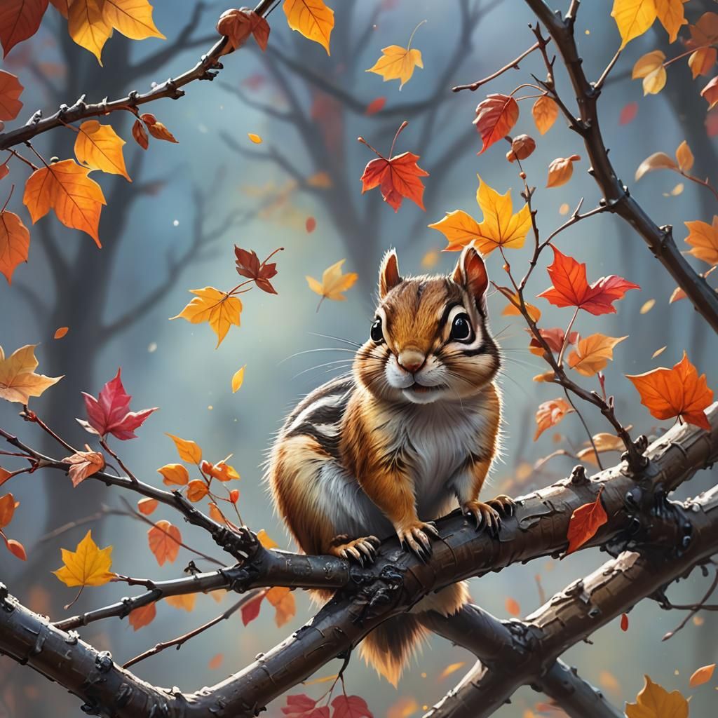 Chipmunk Awakens on Autumn Branch: Hyperrealistic Splash Art