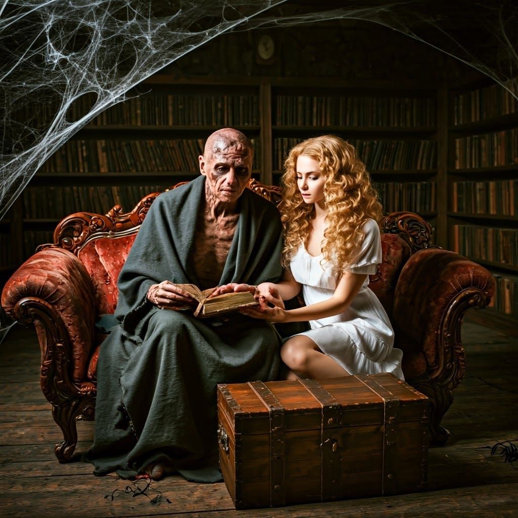 Ancient Man in Mystical Shelter with Enigmatic Woman