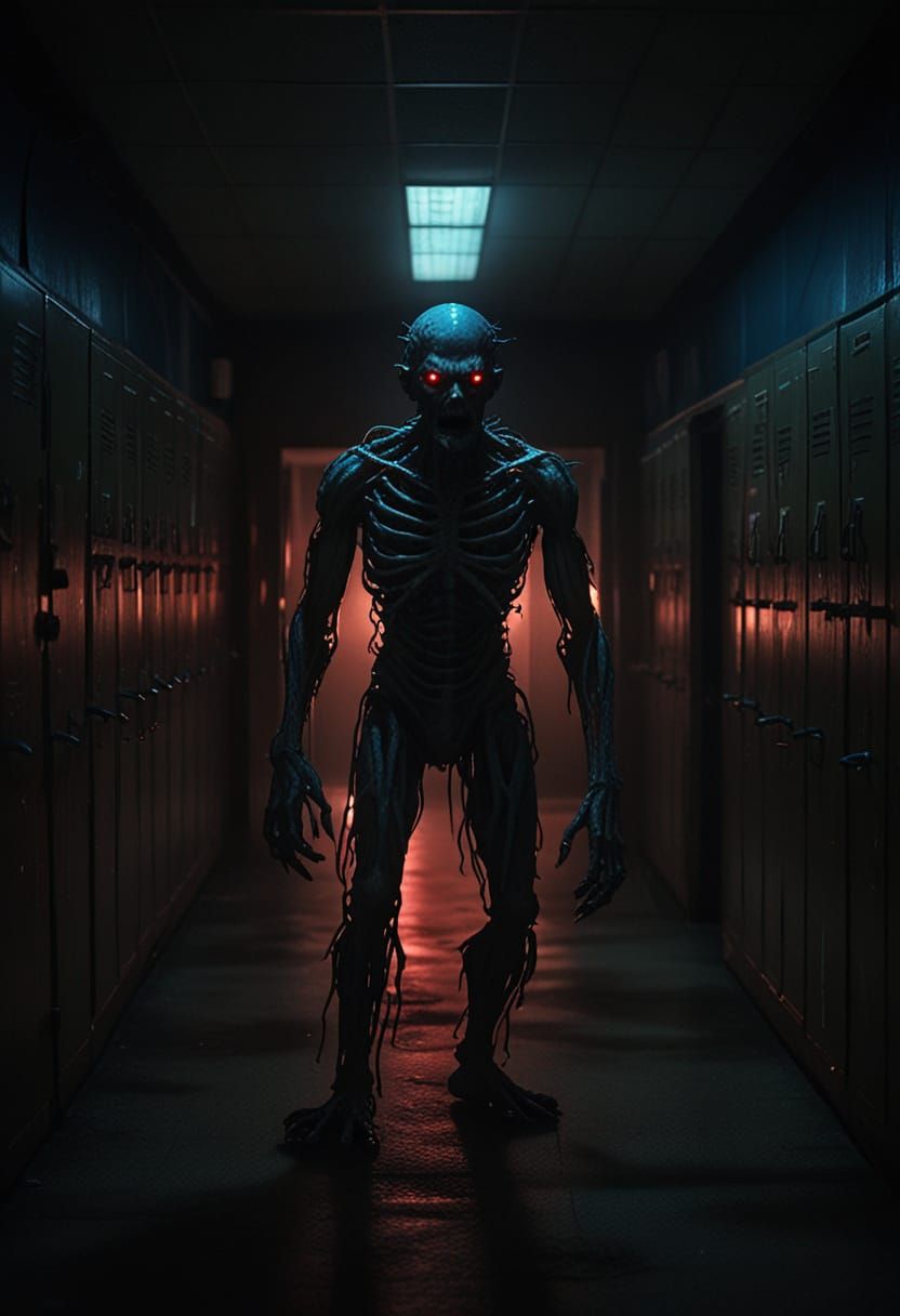 Terrifying Monster in Dark School Hallway: Horror Cinematic ...